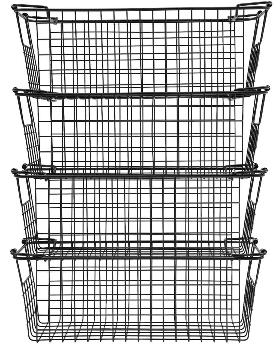 Dailygoods - Stapelbare Opbergmanden voor Vriezer - 4 Stuks Met Handvat, Zwart, Metalen Manden