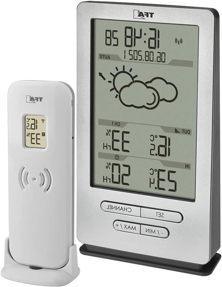 Draadloos Weerstation - Weercomputer Buiten Binnen - Binnenklimaat Monitoren - Weersvoorspelling Met Symbolen - 140mm Hoog - Zilver