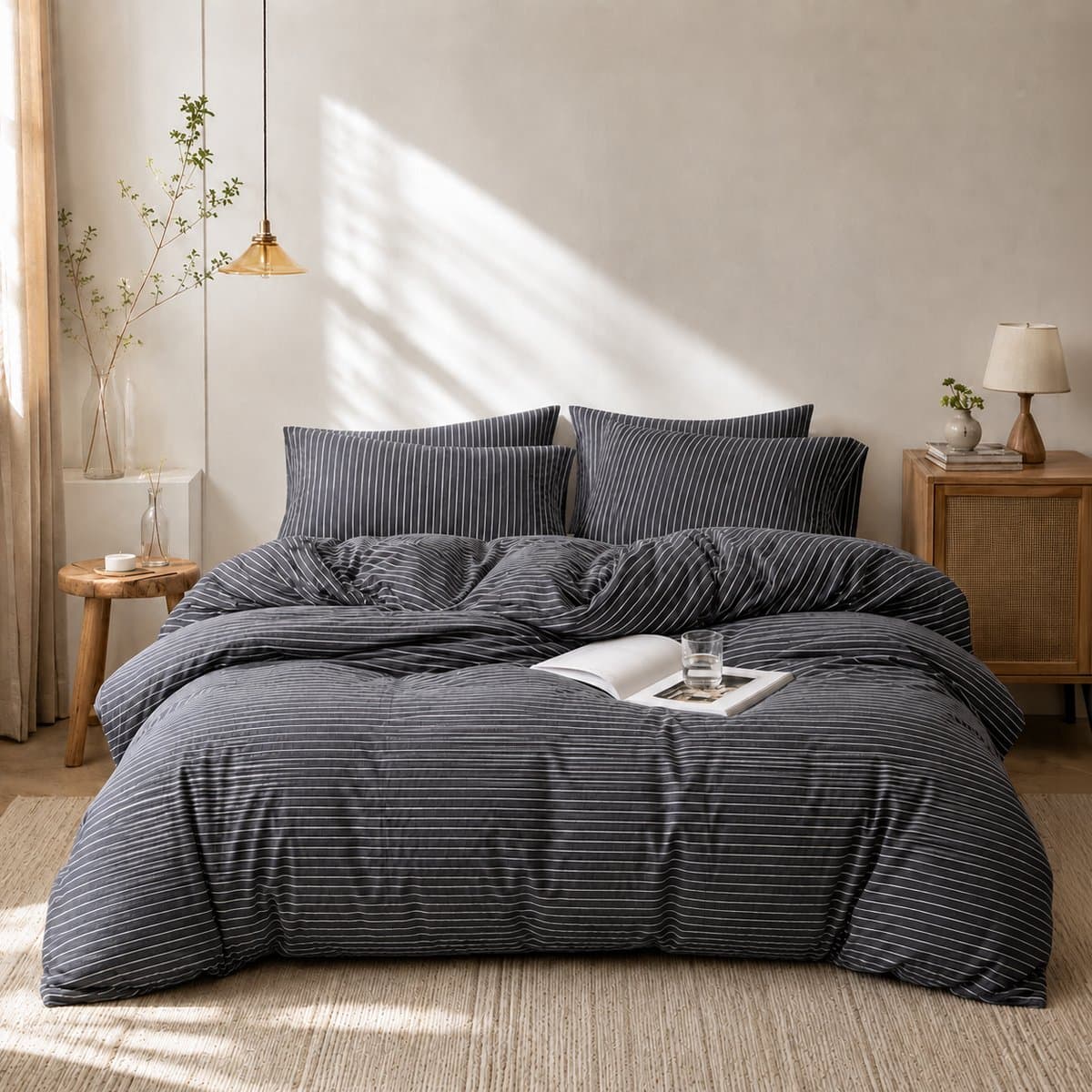 MeiLun Home Soft Living Beddengoedset 3-delig – 90 x 200 cm Hoeslaken – Mist Stripe – 100% Gewassen Katoen – incl. Dekbedovertrek, Hoeslaken, 1 Kussensloop + Gratis Hoofdkussen