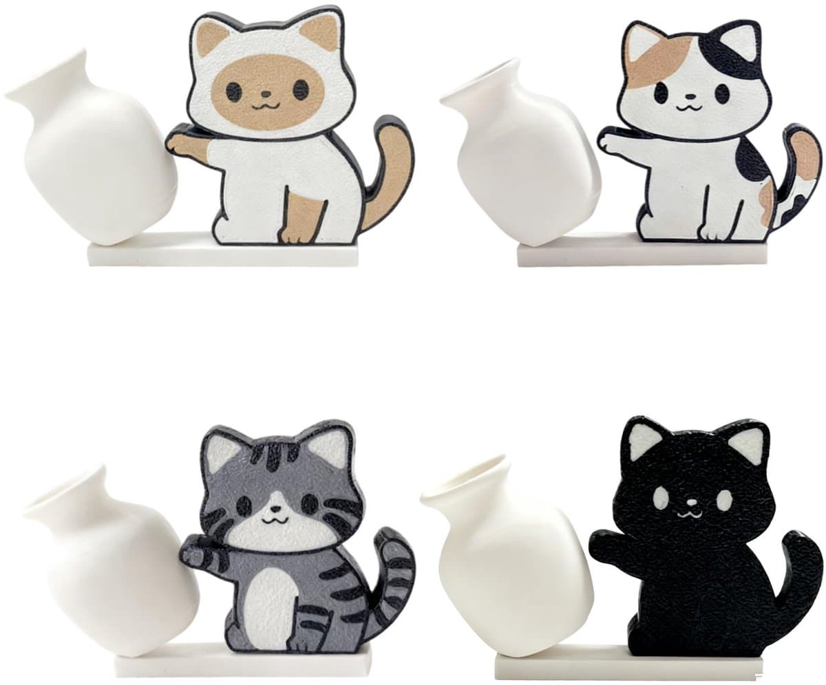 Set van 4 koelkastmagneten in kattenvorm en vaas, mini-vaas voor snor, decoratie voor bureau en keuken, origineel souvenir voor huisdierbezitters