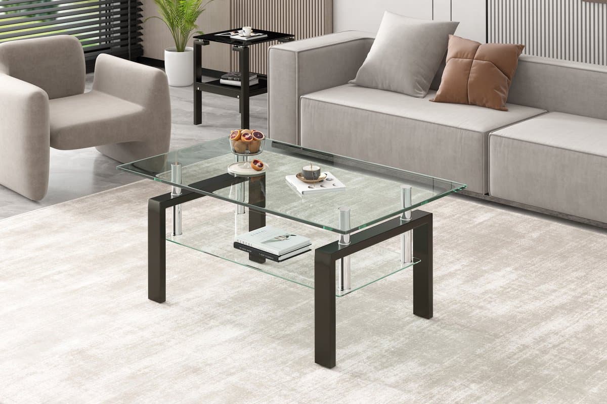 FloraGrace Salontafel Met Gehard Glas En Metalen Frame Modern Voor Woonkamer En Appartement Transparant 100x60x44 Cm