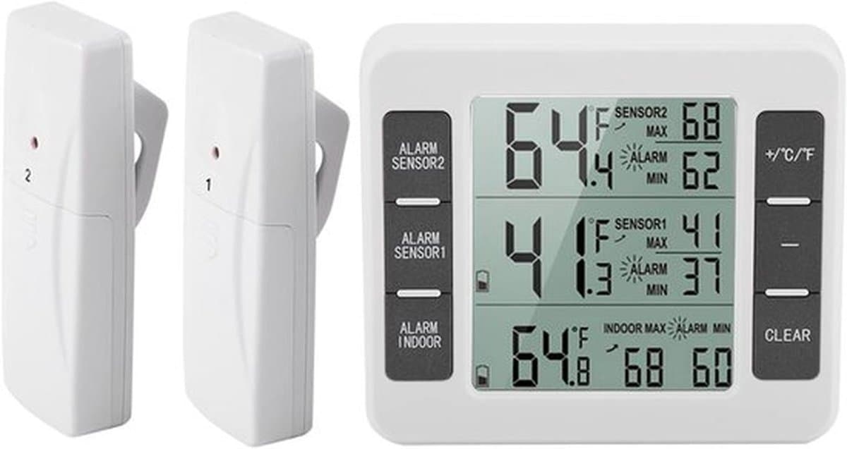 - Koelkastthermometer - Draadloze digitale display - Temperatuurmonitor - Vriezer thermometer - Min/max alarm - Geschikt voor koelkast en v...
