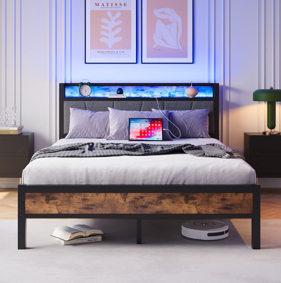 Bed Frame 140x200 Cm Met LED Verlichting En USB Oplaadstation - MDF Metaal - Antiek Bruin - Met Opbergkopbord En Lattenbodem