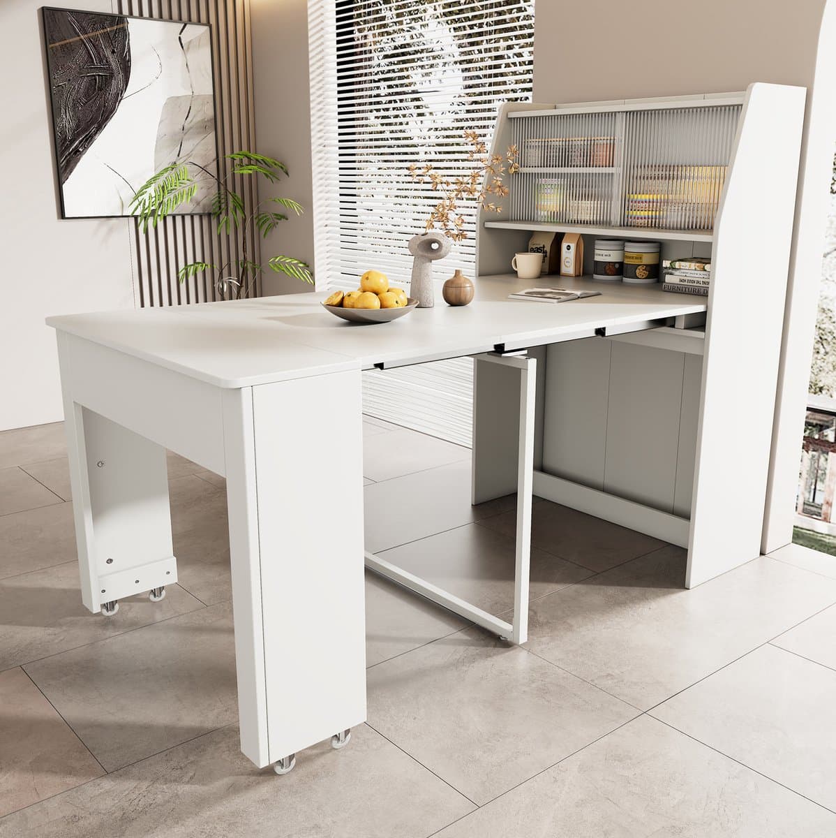Wishdor Uitrekbare eettafel - Opbergruimte en glazen vak - Rechthoekig modern ontwerp - Wit - 132,5 x 80 x 120 cm