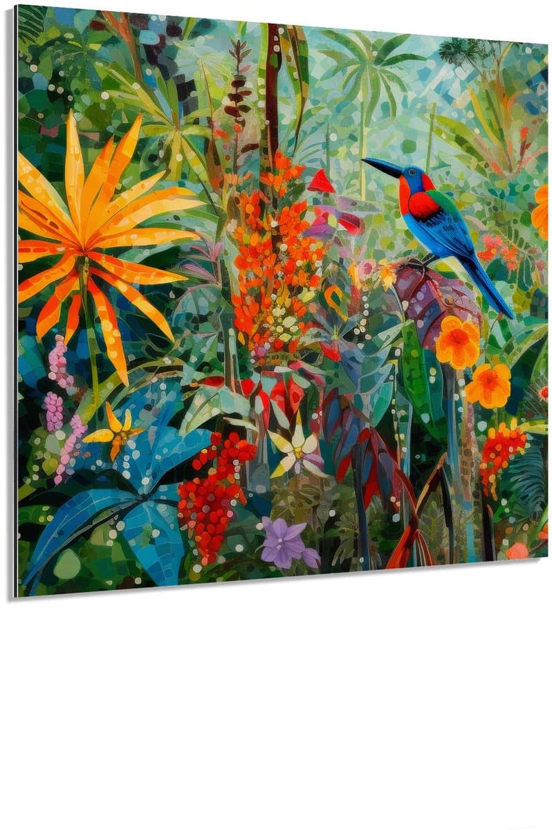 Tropische vogel in jungle - Schilderij 90x90 cm - Wanddecoratie op Aluminium Dibond - Aluminium Wandpaneel