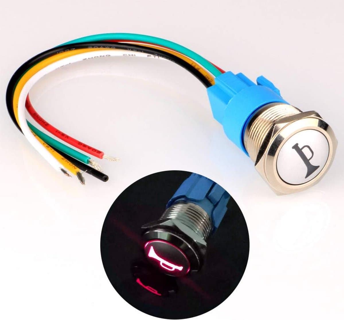 12V-24V/5A 19mm Pre-bedrading Momentary Speaker Hoorn Drukknop Waterdichte Metalen Schakelaar met Rood Led Licht voor Auto Boot