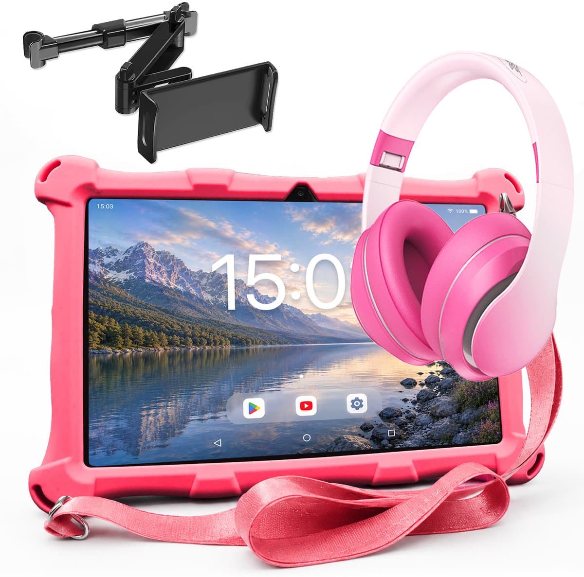 AngelTech Luxe OnderwegPakket XL – Kindertablet XL Roze + Kinderkoptelefoon + Tablethouder - Kindertablet Vanaf 3 Jaar – Kinder Tablet – Kids Tablet - Tablet voor Kinderen