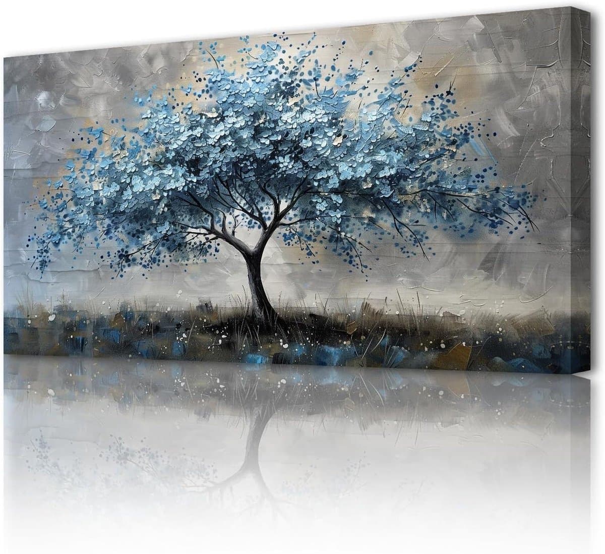 Canvas Wanddecoratie - Levensboom Schilderij - Woonkamer Aankleden - Scherpe Donkerbruine Takken - 50x100 cm - Blauw