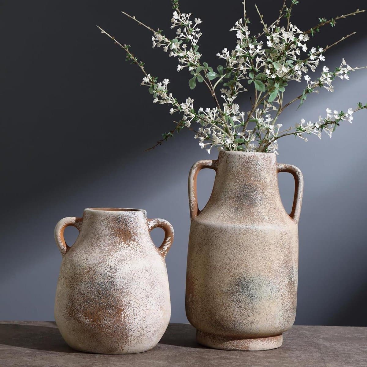 Keramische bloemenvazen - Decoratieve vazen set - Huisdecoratie - Met handgrepen - Set van 2 - Rustiek bruin