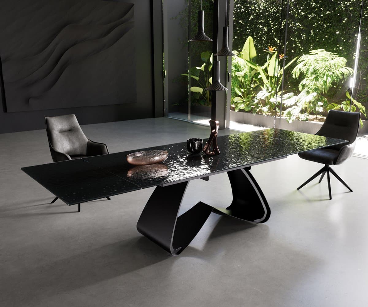 Eetkamertafel Edge Glas smelten rokerig zwart 3D-Relief 200-300x100 W-frame zwart uitschuifbaar