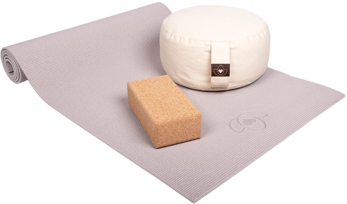 Starterspakket yogamat taupe, sand meditatiekussen en blok