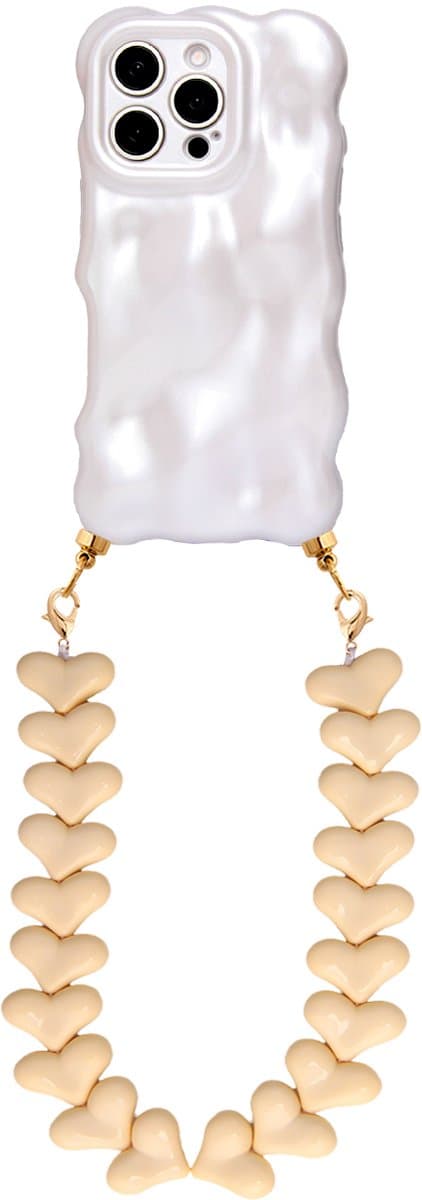 Casies Bubbly hoesje geschikt voor Apple iPhone 13 Pro Max met creme harten koord - telefoonhoesje met chunky hartenkoord - Cord case - Wit
