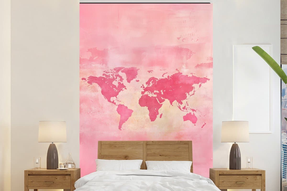 Behang - Fotobehang Wereldkaart - Roze - Vaag - Breedte 200 cm x hoogte 300 cm