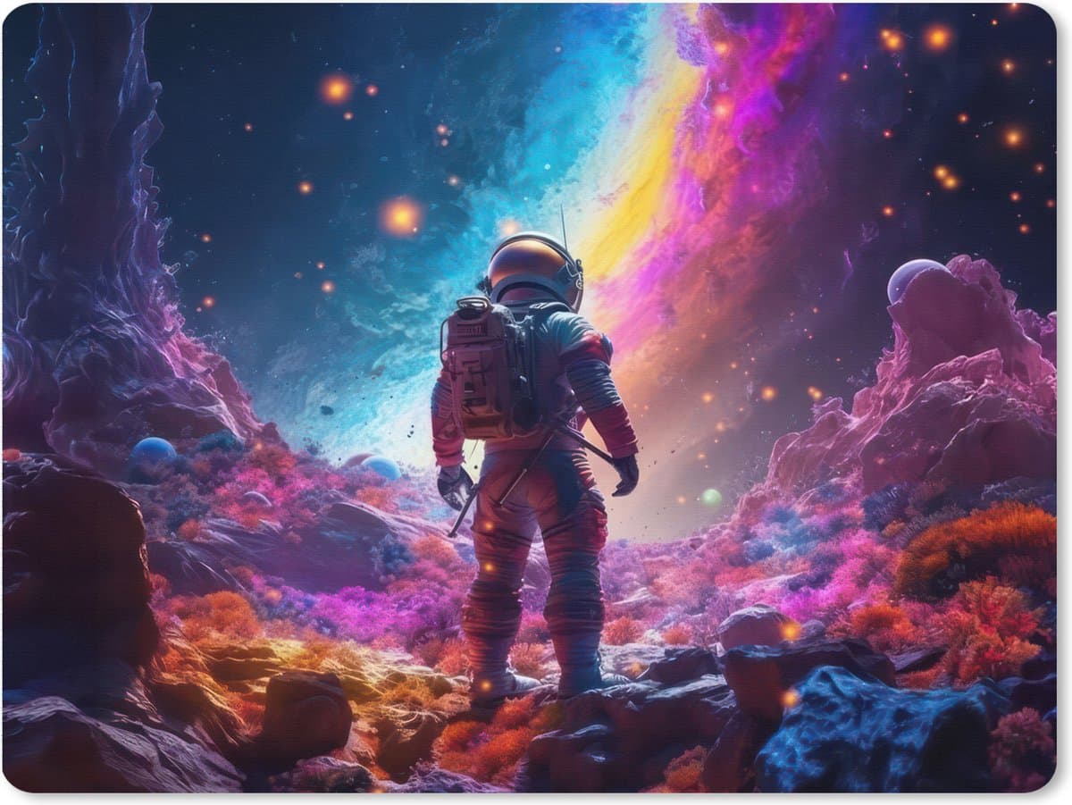 Muismat XXL 80x60 cm - Bureau onderlegger - Bureau mat Ruimte - Astronaut - Neon - Sterren - Bureaumat - Gaming mousepad xl - Bureaulegger groot - Computer deskmat - Geschikt voor Gaming Muis en Gaming PC set-up