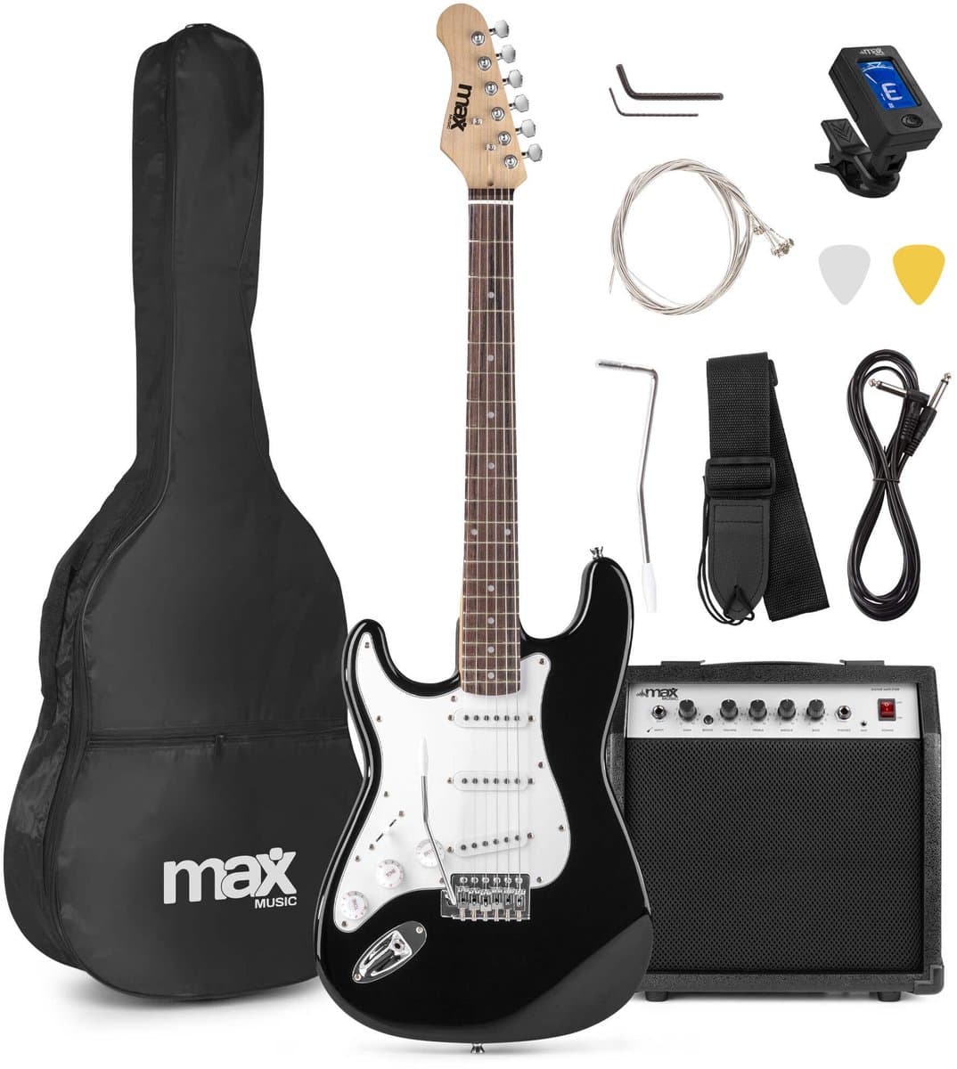 Linkshandige gitaar - MAX GigKit - 4/4 - Elektrische gitaar voor linkshandigen - Starterset - Zwart