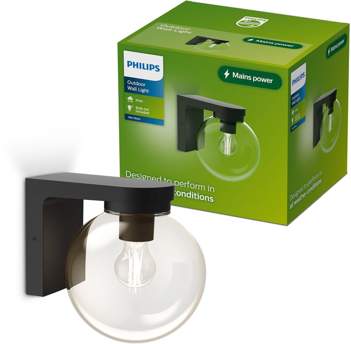 Philips Ulio Wandlamp - Buitenverlichting - E27-fitting - Weerbestendig: IP44 - Zwart - Hoogwaardig Aluminium en Glas - Modern design