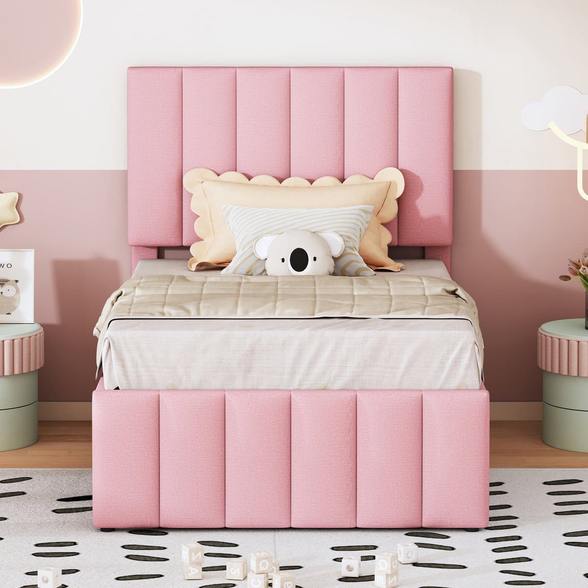 FloraGrace Gestoffeerd Bed 90x200 cm - Met Uitschuifbed en 3 Laden - Verstelbaar Hoofdbord - Kinderkamer - Roze - Zonder Matras