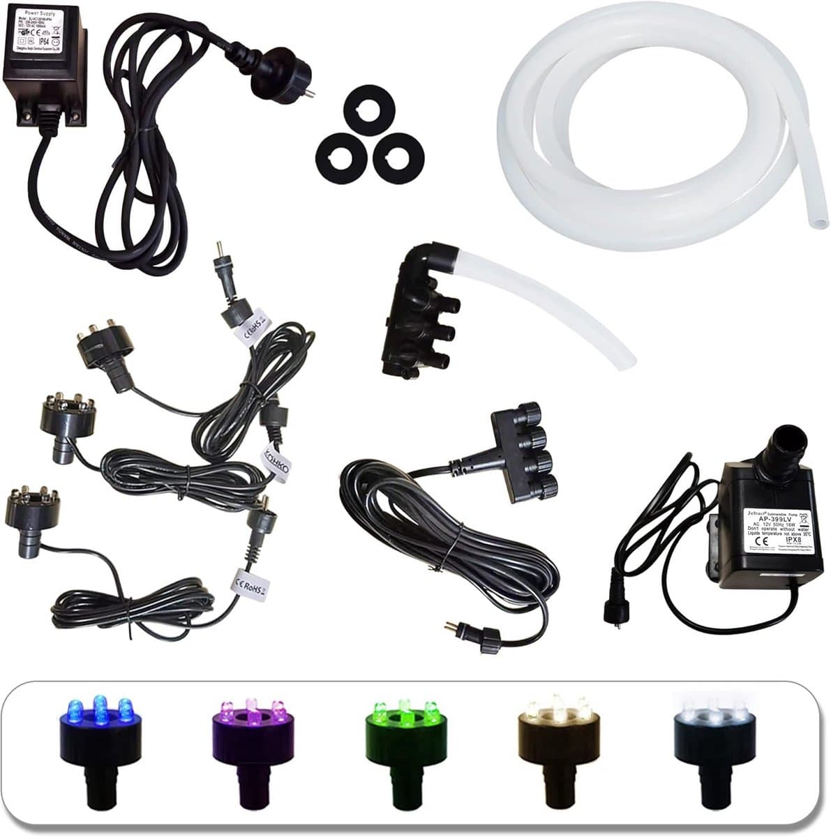 Complete Vijverpomp Set 1000 L/u met 3 LED Verlichting (Paars), Waterverdeler en Verlengkabels