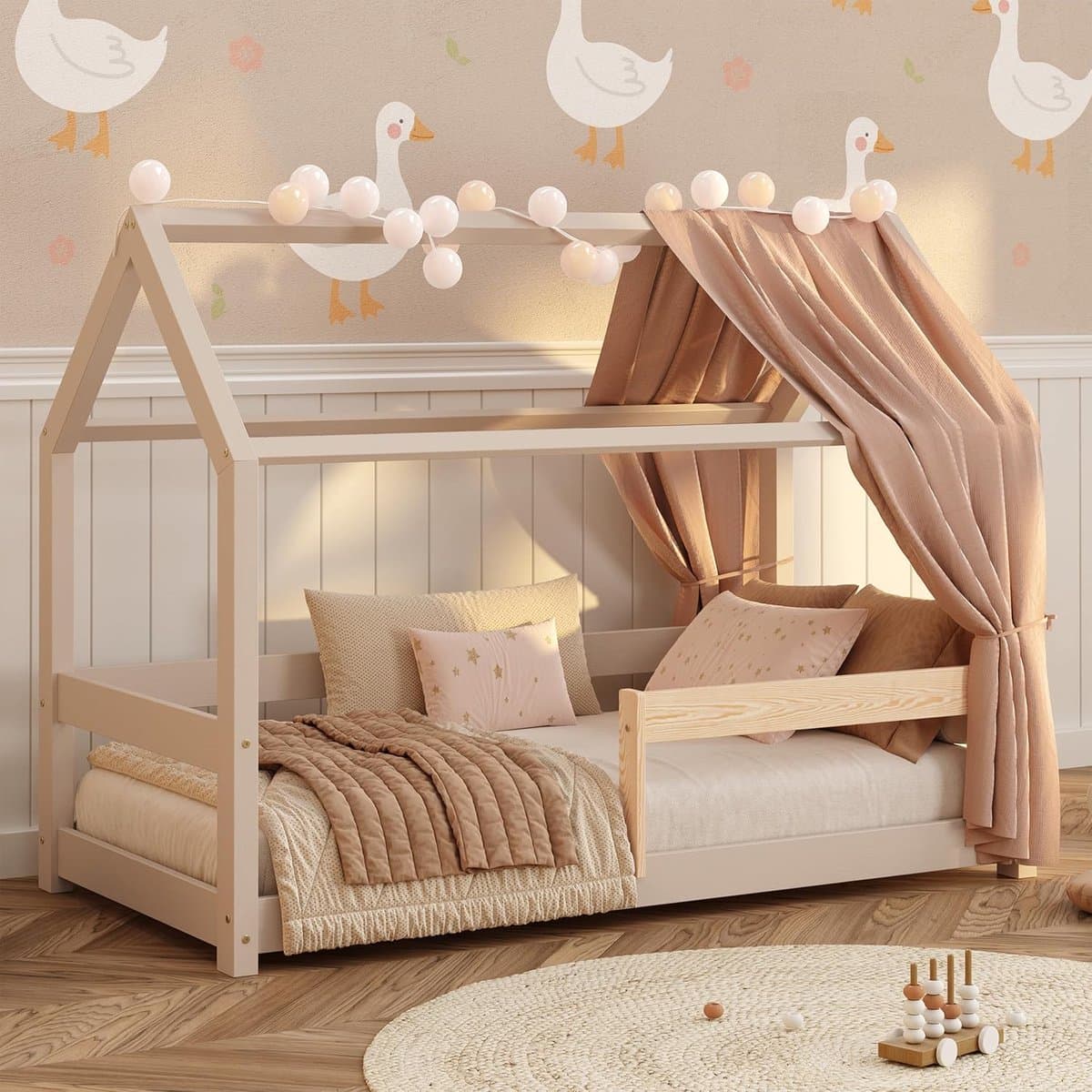 Huisbed Massief Hout - Kinderbed Lighuisje - Veilig Slapen - Hoge Uitvalbeveiliging - 90x200 cm - Kasjmier
