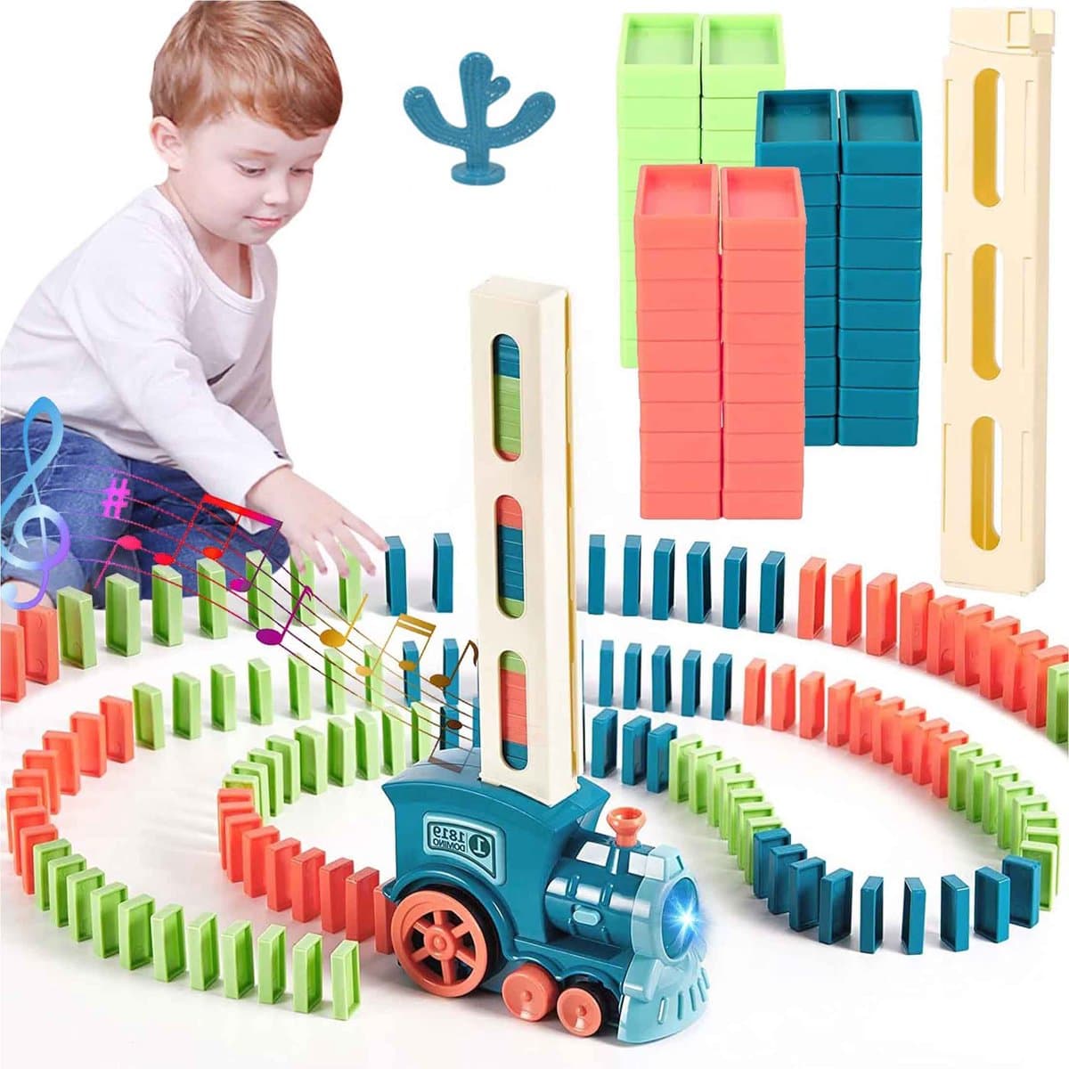 NAXSIR Domino Trein Speelgoed Set - Automatische Domino Trein met Spoor - Licht & Muziek Functie - 60 Stuks Domino