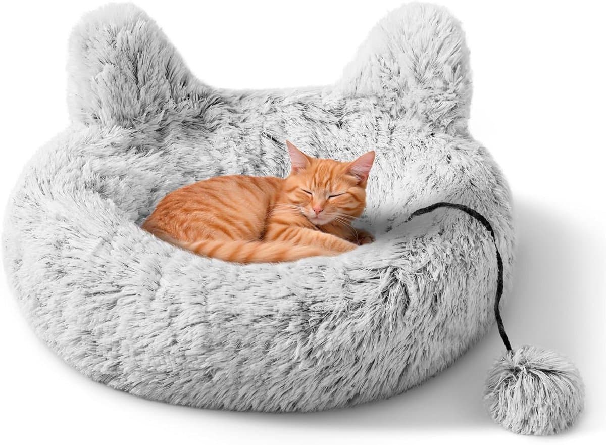 Kattenmand van pluche - Diameter 50 cm - Machine wasbaar - Grijs met kattenoortjes en speeltje