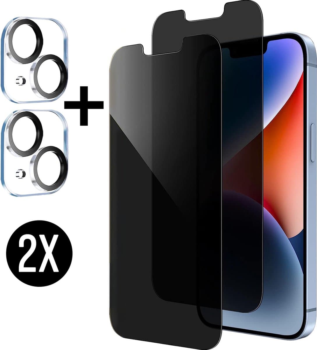 Podec 2x Privacy Screenprotector en 2x Camera Lens Protector voor iPhone 14 - Gehard Beschermglas - Transparant en Krasbestendig - Tempered Glass Screen Cover