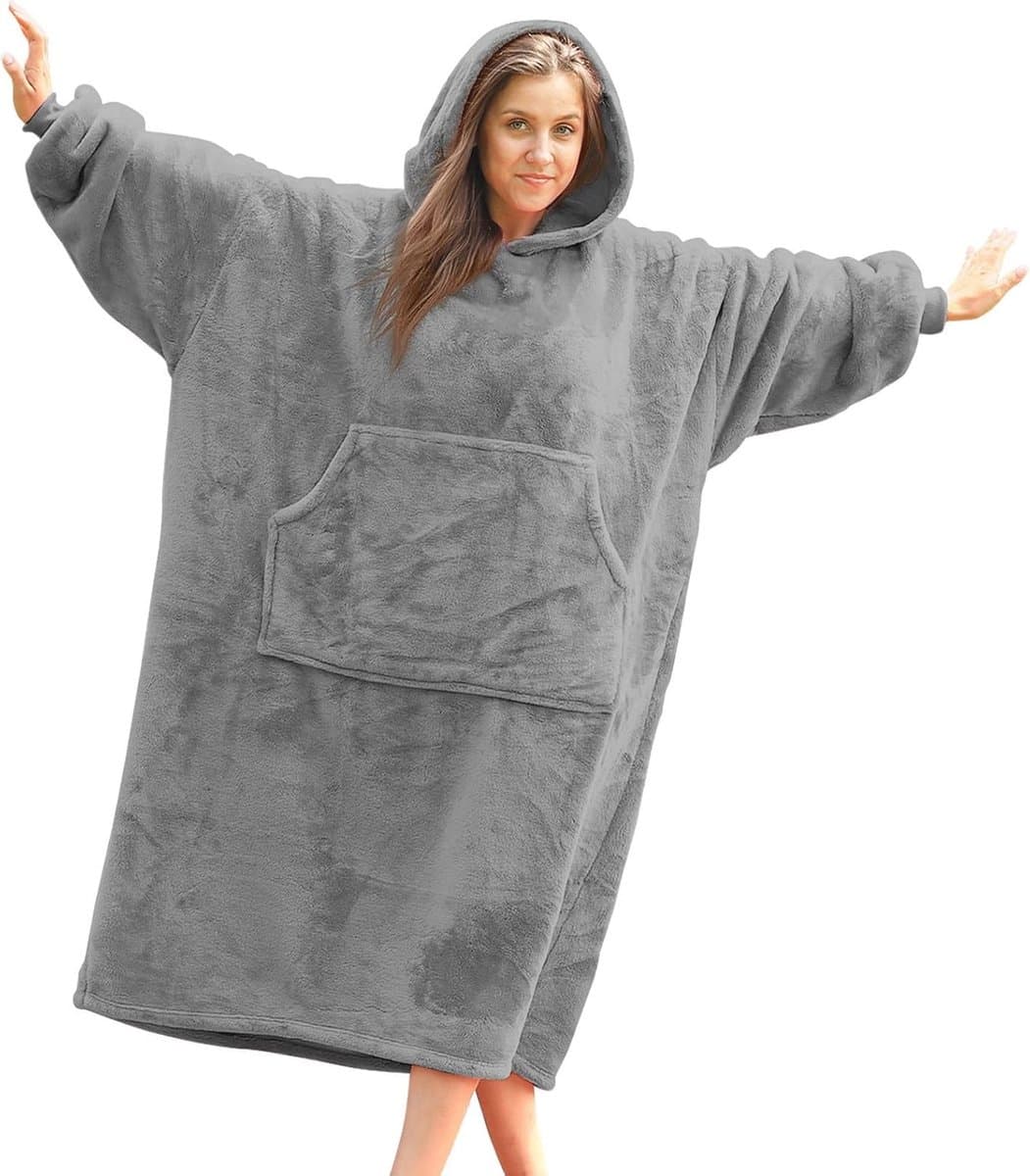 Oversized draagbare deken hoodie - extra lange warme dekenmouwen met gigantische zak (lichtgrijs)