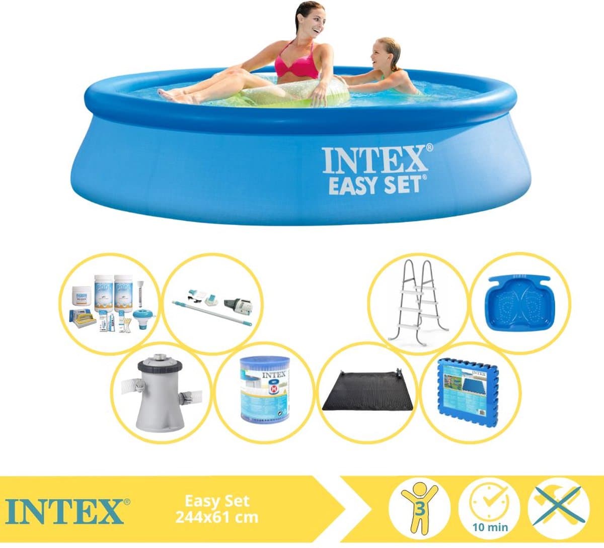 Intex Rond Opblaasbaar Easy Set Zwembad - 244 x 61 cm - Blauw - Inclusief Pomp - Onderhoudspakket - Filter - Stofzuiger - Solar Mat - Vloertegels - 7-delig