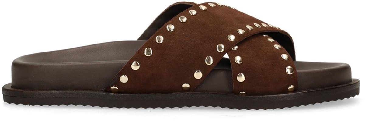 Sacha - Dames - Bruine suède slippers met goudkleurige studs - Maat 42