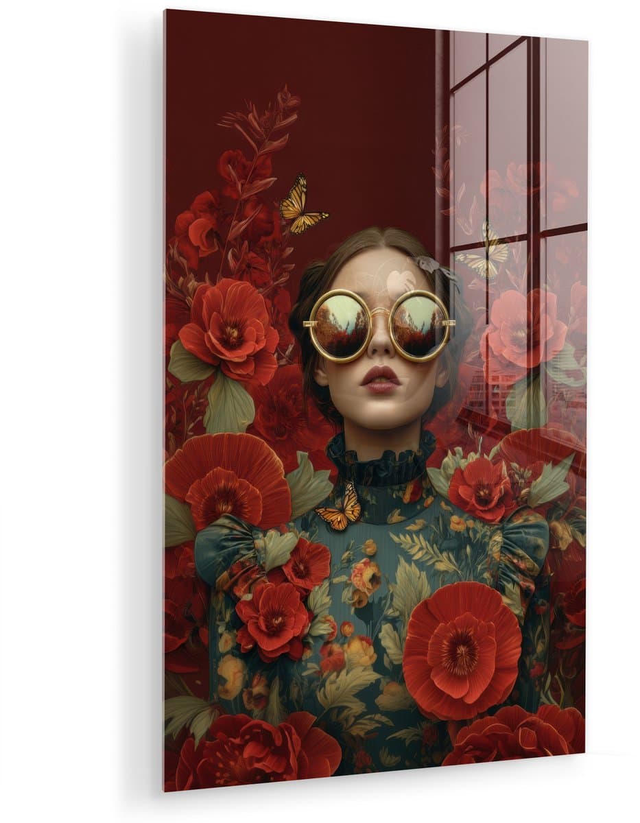 MuchoWow® Glasschilderij 80x120 cm - Schilderij acrylglas - Bloemen - Dieprood - Zonnebril - Vrouw - Foto op glas - Muurdecoratie woonkamer - Wanddecoratie slaapkamer - Schilderijen