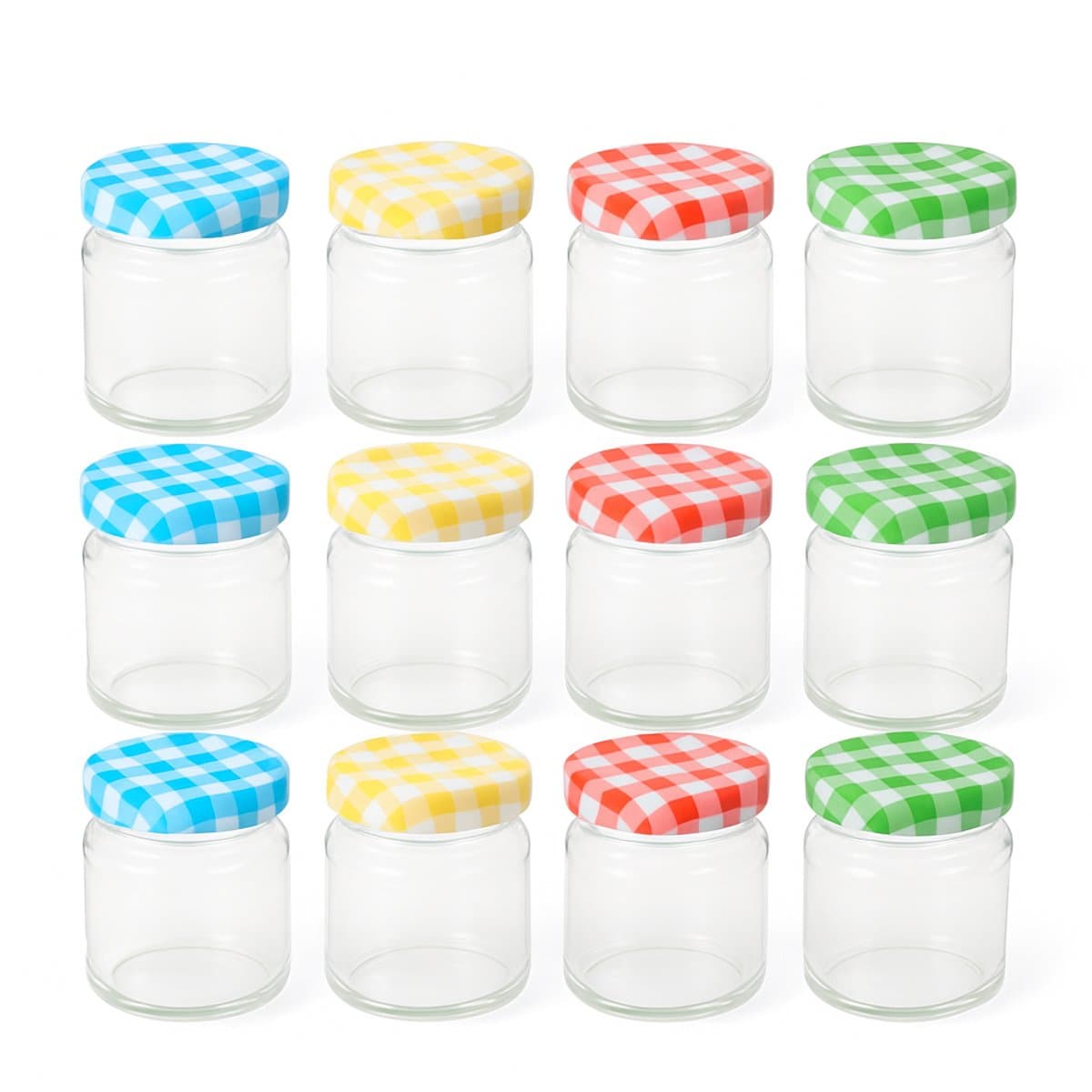 80 ML - Set van 12 Mini Glazen Potjes met Geruite Deksels – Ø 5 × H 7 cm – Bewaar-, Inmaak- & Cadeaupotjes