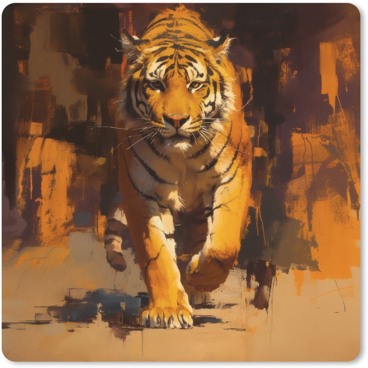 Muismat XXL 60x60 cm - Bureau onderlegger - Bureau mat Tijger - Geschilderd - Oranje - Penseelstreken - Bureaumat - Gaming mousepad xl - Bureaulegger groot - Computer deskmat