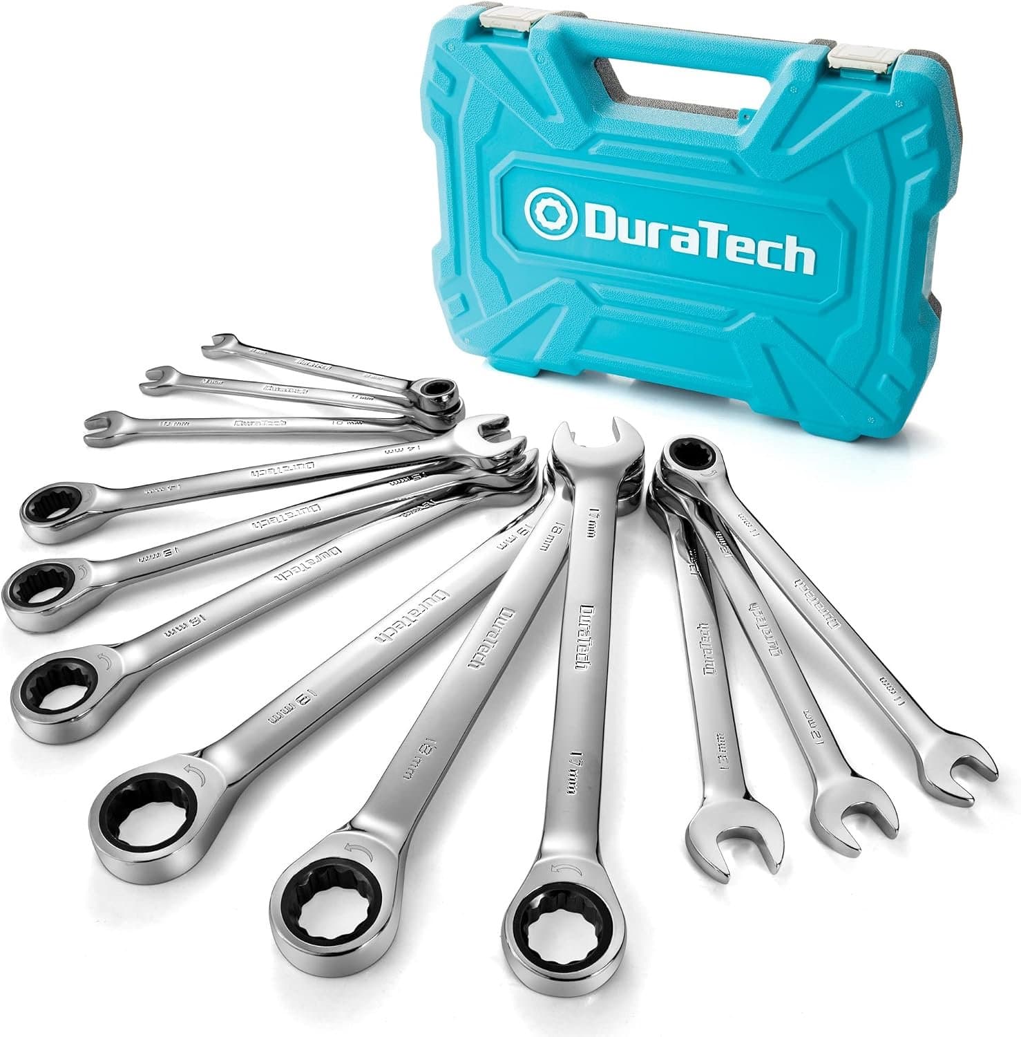 DURATECH 12-delig ratchet-combinatiesleutelset 8-19 mm, vaste kop open uiteinde ratchet-combinatiespannerset, metrisch, Cr-V staal, georganiseerd in opbergdoos