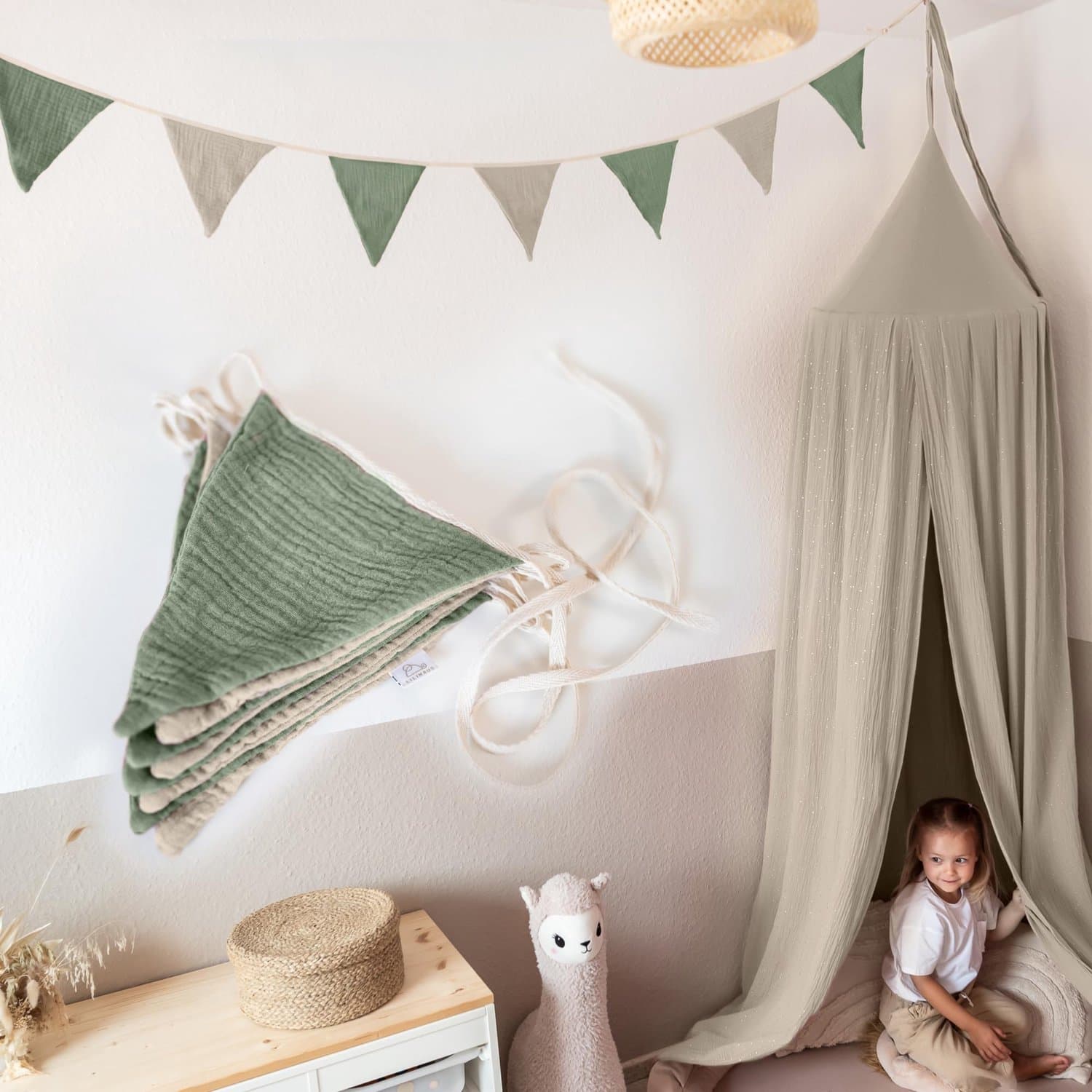 LILIMAUS Vlaggenlijn stof kinderkamer - stoffen slinger van mousseline katoen - 300 cm - groen en beige