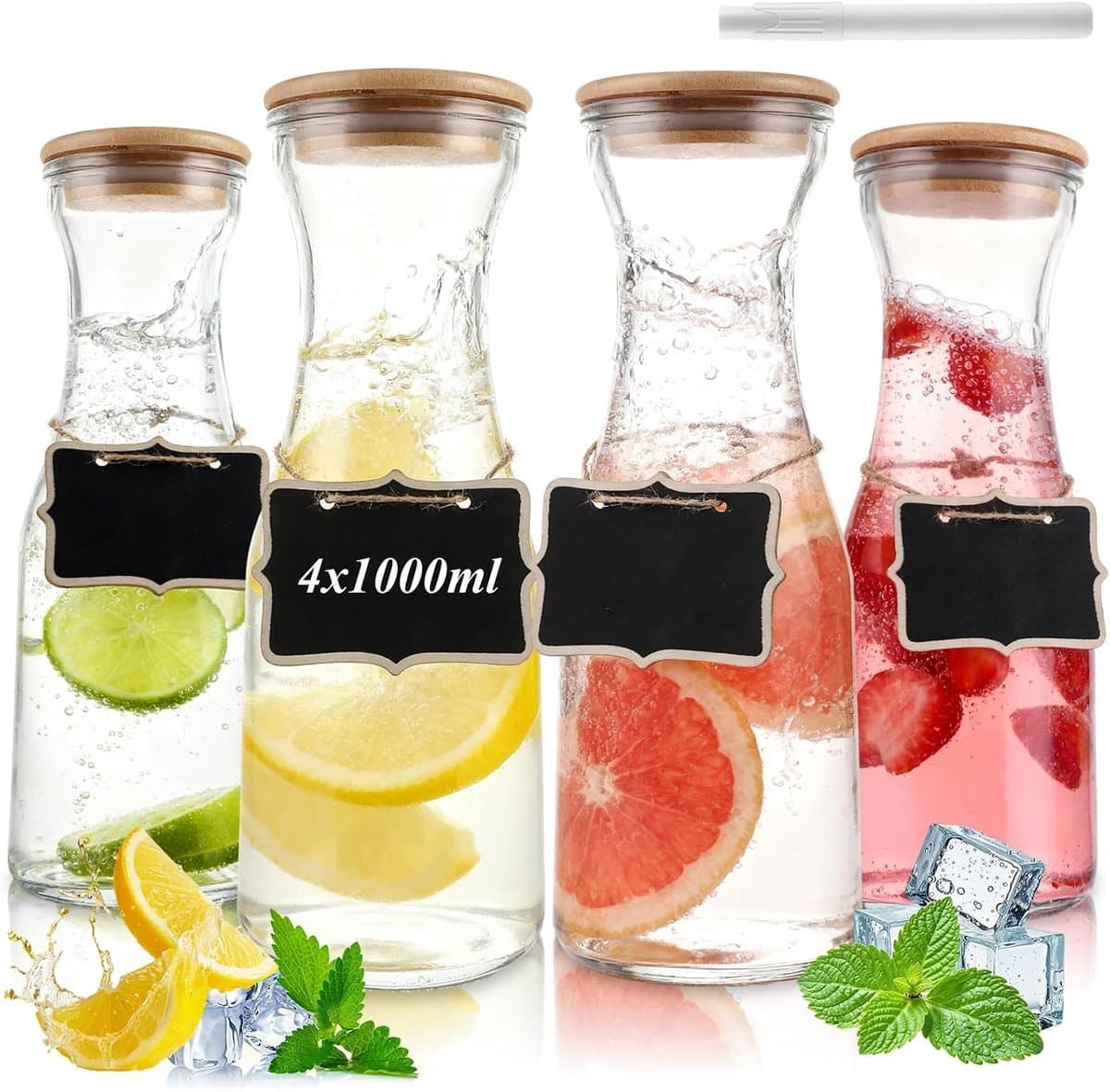 4 Stuks Glazen Waterfles 1000 ml, Waterkaraf Houten Dop met Label, Transparante Fles voor Koelkast Tafel Sap Melk Thee Keuken Kantoor Dagelijks Gebruik