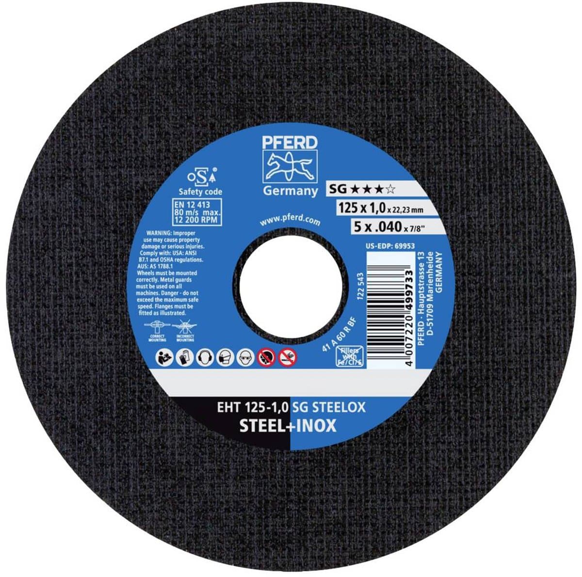 PFERD TOOLS EHT 125-1,0 SG STEELOX (5) 69198297 Doorslijpschijf recht 125 mm 5 stuk(s) RVS, Staal