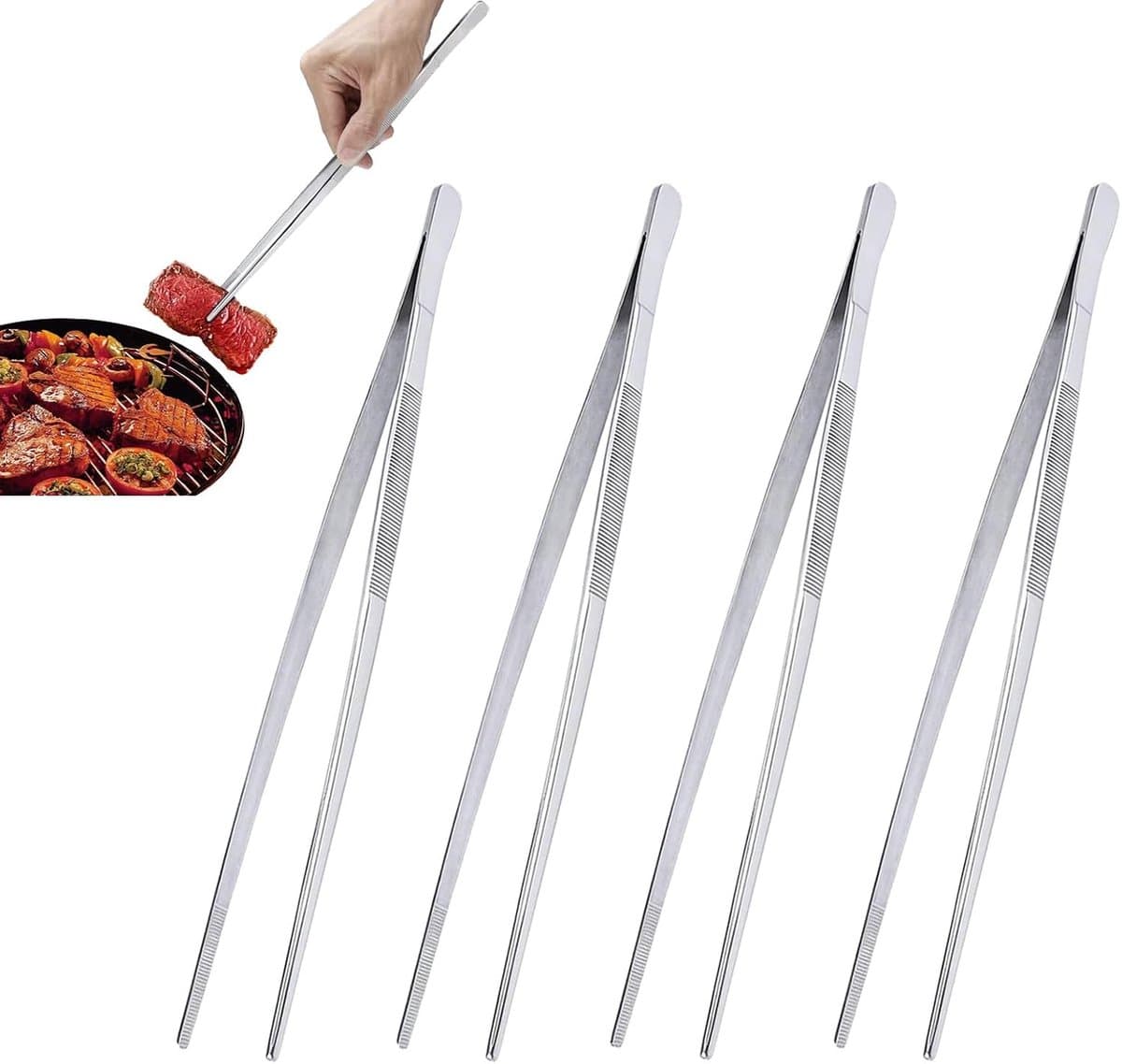 Kookpincet, keukenpincet, grillpincet, 4 stuks, 30 cm, multifunctioneel keukengereedschap, geschikt voor grillen, steak, een nuttige keukenhulp voor alle hobbykoks en kookprofessionals