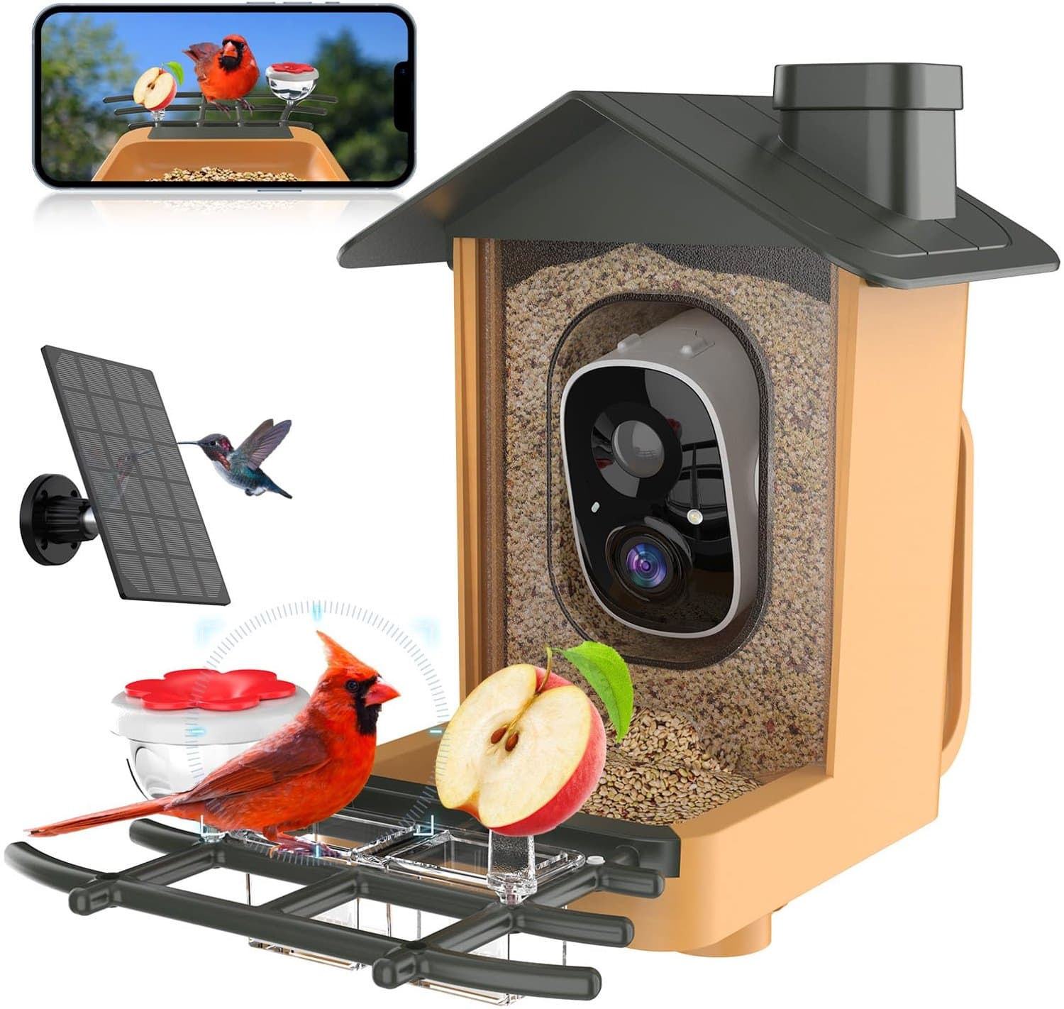 Vogelvoeder met camera 1,25 liter - 2K en AI-vogelherkenning - Zonnepaneel - Kleurnachtzicht - IP65