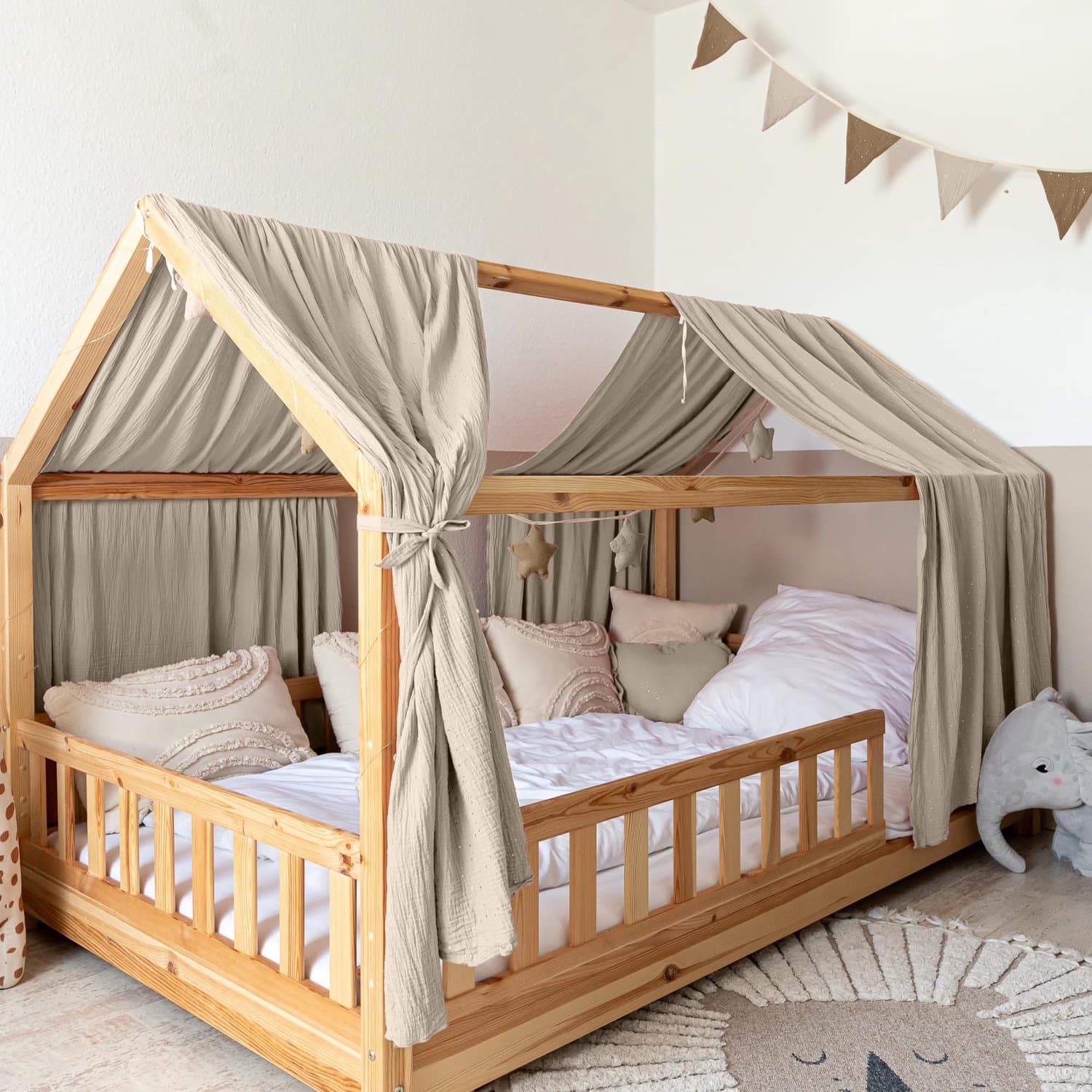 LILIMAUS Huisbed hemeltje - bedhemel voor huisbed - 67,5 x 320 cm - mousseline katoen - lichtbeige