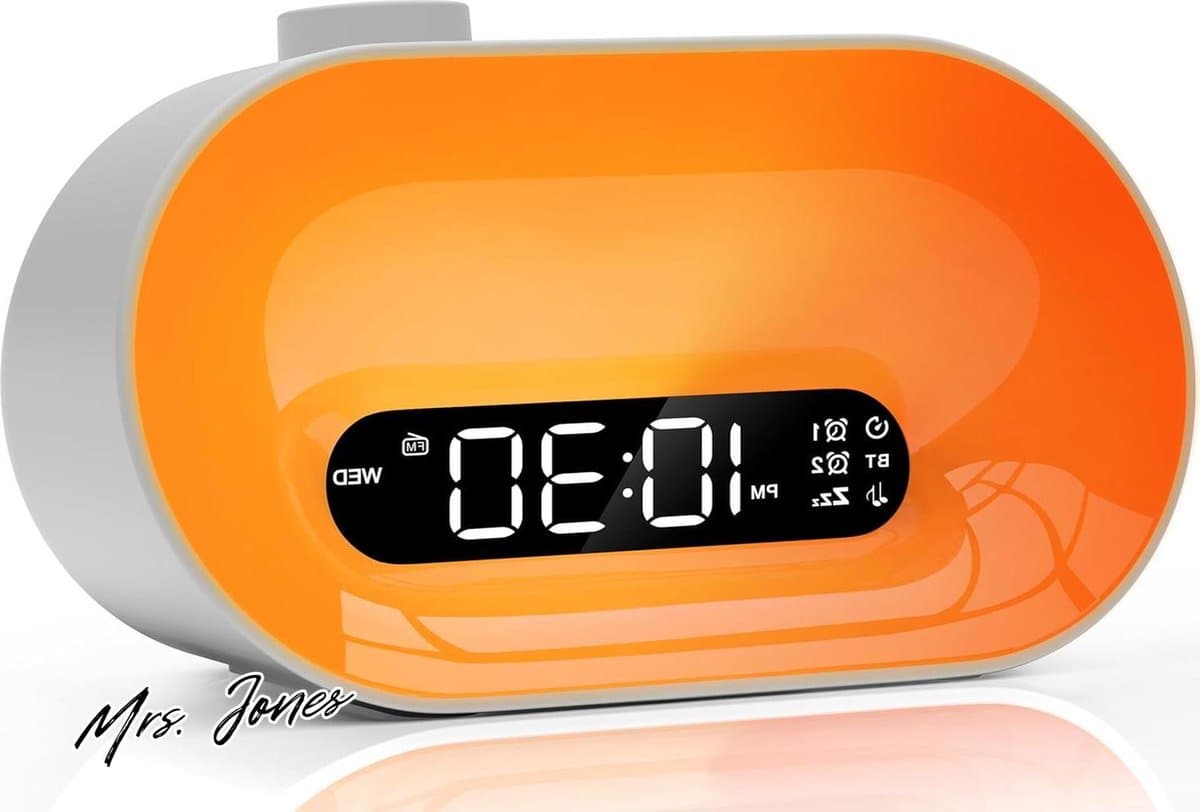 Mrs. Jones Premium Collection Wekkerlamp - Bluetooth-luidsprekers - Verlicht - FM-radio - 2 alarmen - Snooze - 8 beltonen - 10 hypnotiserende geluiden - Sfeerlamp - 16 lichtkleuren - Feest/verjaardag/Kerstmis
