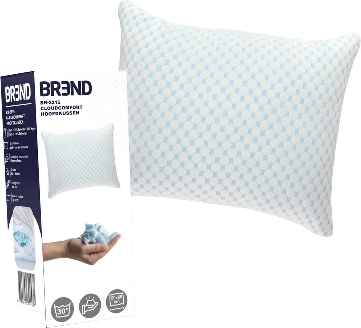 CloudComfort Hoofdkussen voor alle Slaapposities – Memory Foam - Met Warme en Koele Kant - Aanpasbaar Comfort - Wit - BREND BR-2215