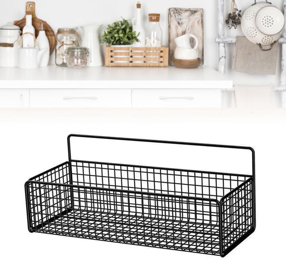 Hangende Muurorganisator Kastopslagmand Wandgemonteerde Planken Rustiek Boerderijdecor voor Thuis Keuken Badkamer Muurhangend Opbergrek voor Keukenbadkamer (BLACK)