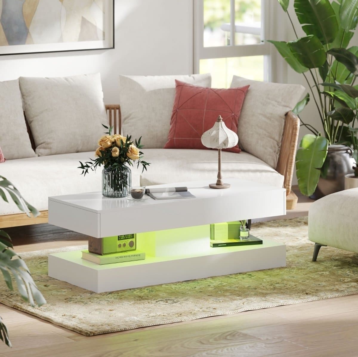 Salontafel Met LED Verlichting En Twee Lades - Hoogglans Wit Modern Ontwerp Voor Woonkamer - Spaanplaat - 120x50x42 Cm