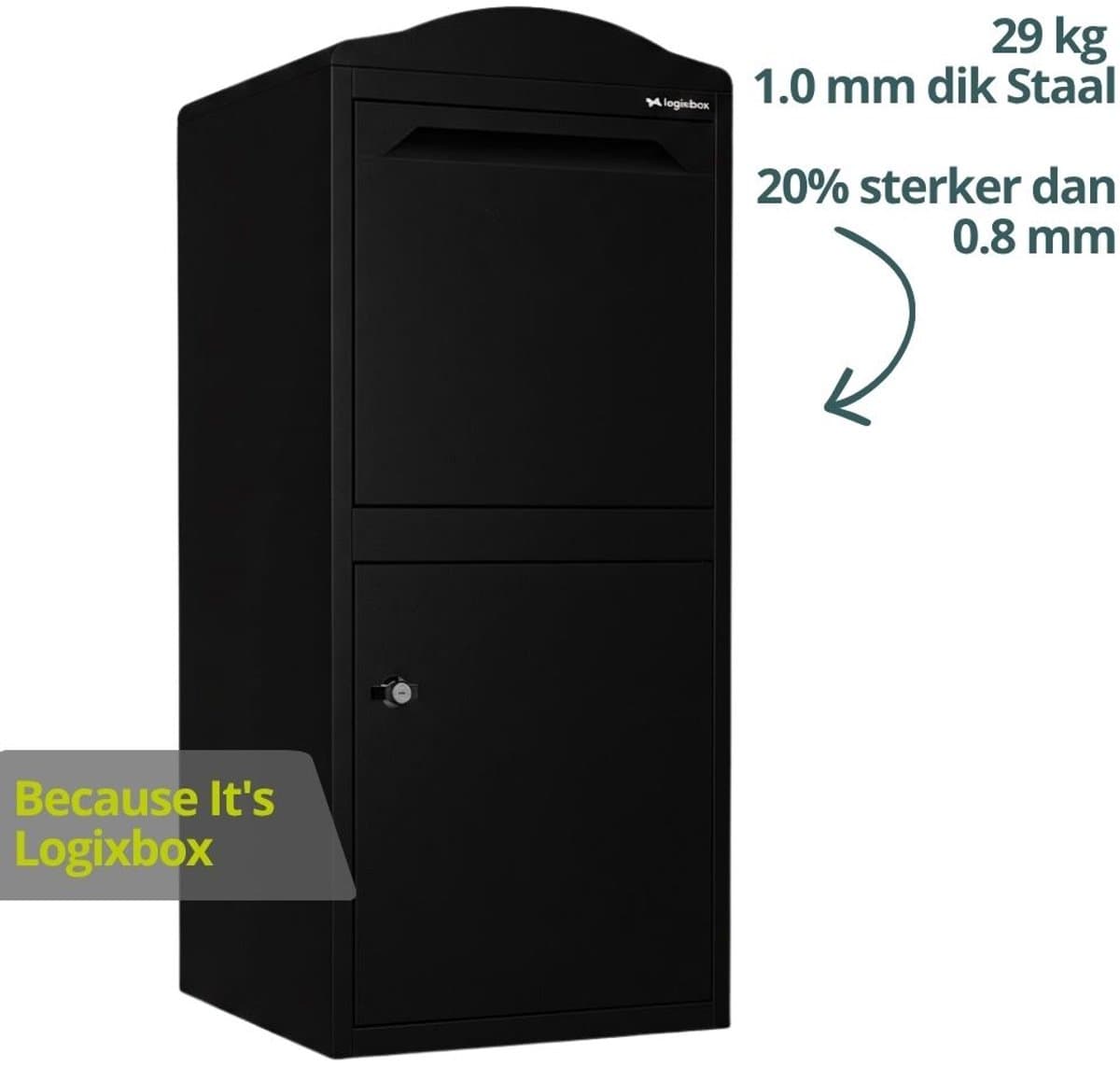 LOGIXBOX - Pakket brievenbus - Brievenbus - Pakketbox - Frontbox Uni - Zwart - 1.0 mm dik staal - Extra veilig: 3puntsluiting - XXL Pakketten: 40 x 35 x 32,5 cm -- Géén Bouwpakket --