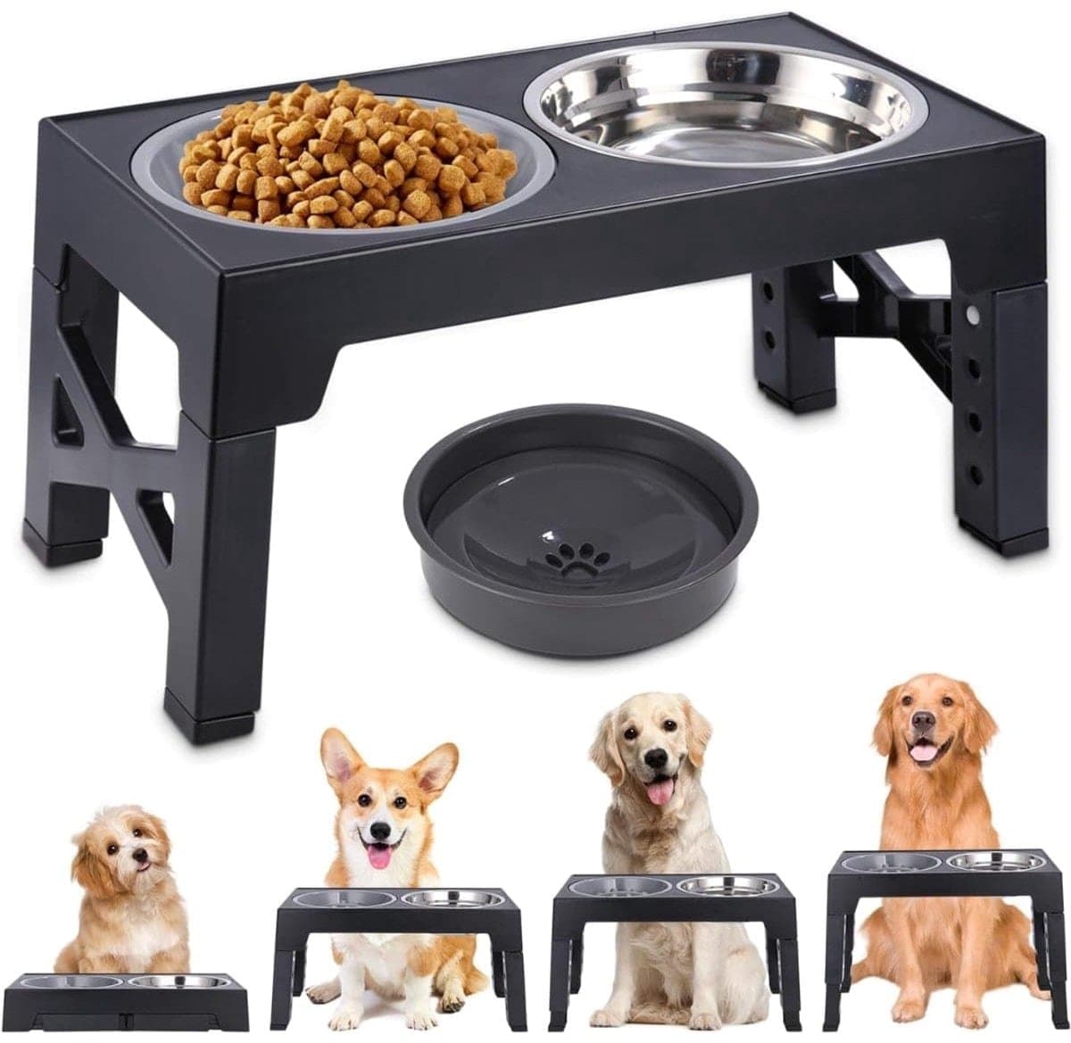Klarven® Voerbak Hond met Standaard Zwart - Hoogte Verstelbaar, Lekvrije Drinkbak - Antislip, Ergonomische Eetpositie - B 27 x D 33 x H 42 cm