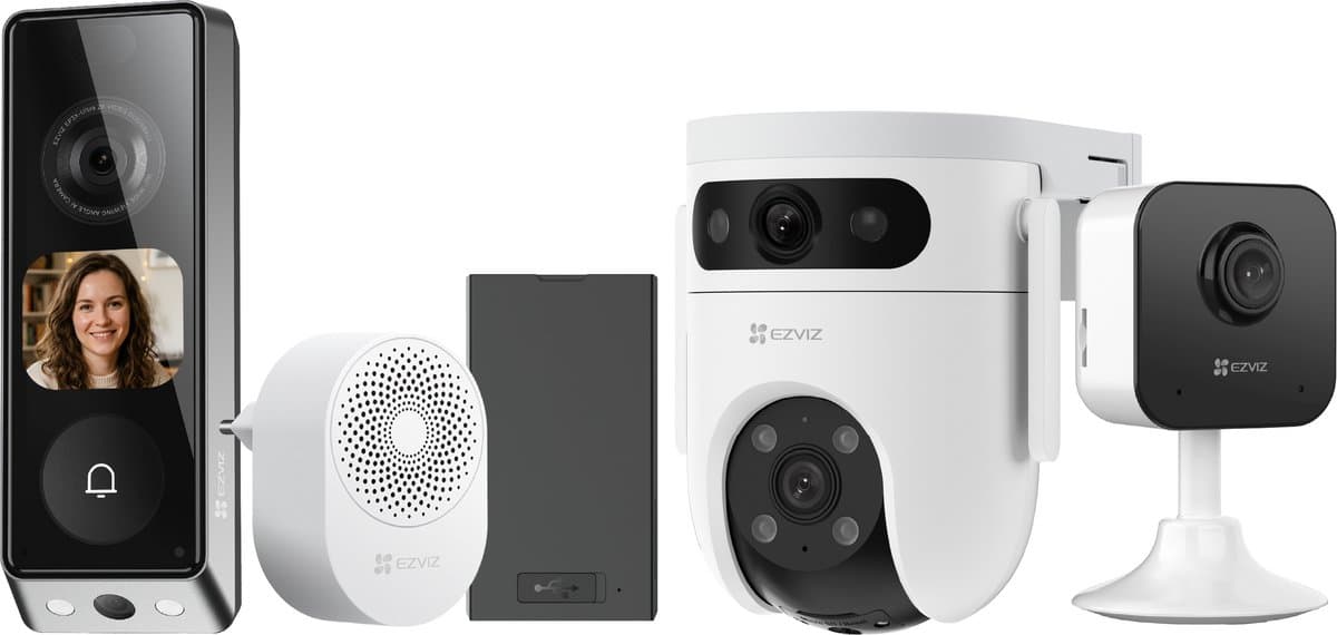 EZVIZ EP8 Ultra + H1C + H9C Dual 2K – Slimme Beveiligingscamera Set – Videodeurbel, Binnen- & Buitencamera – WiFi – Nachtzicht & Bewegingsdetectie