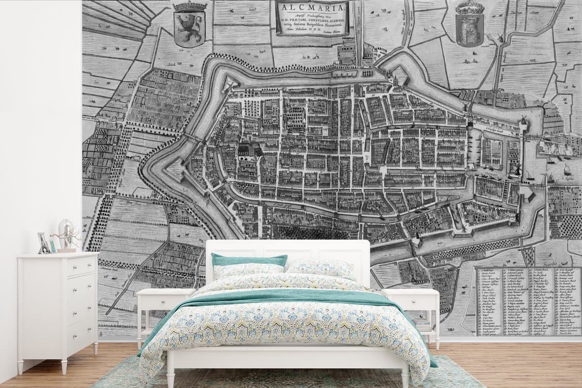 Behang - Fotobehang Plattegrond - Alkmaar - Zwart Wit - Breedte 525 cm x hoogte 350 cm - Stadskaart