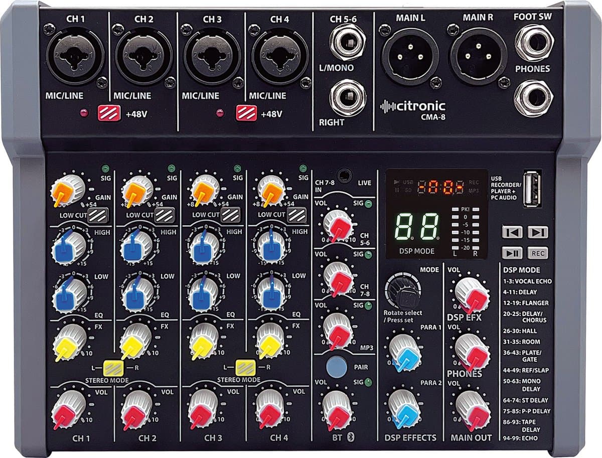 Citronic CMA-8 mixer met DSP, USB Play/Record/PC en Bluetooth 4 mono + 2 stereo