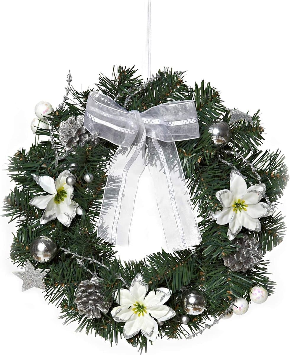 Kerstkrans - deurkrans - wandkrans - Tafelkrans - versierde krans van dennentakken - groen, wit, zilver - 32 x 32 x 10 cm