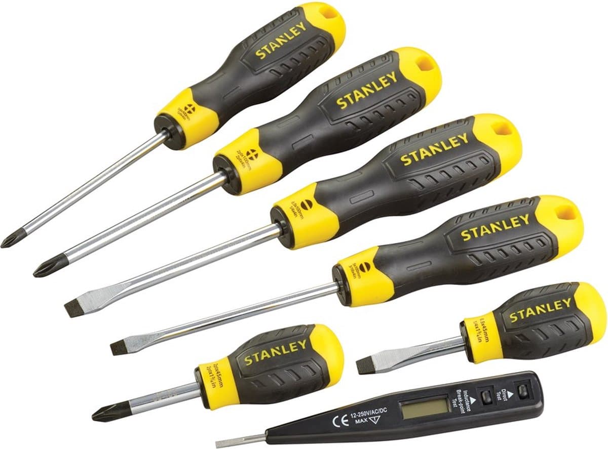 Stanley 6-Delige Cushiongrip Schroevendraaierset Standaard 5 X 100mm. 6.5 X 45mm. 6.5 X 150mm Phillips Ph1 X 75mm. Ph2 X 45mm. Ph2 X 100mm Spanningszoeker